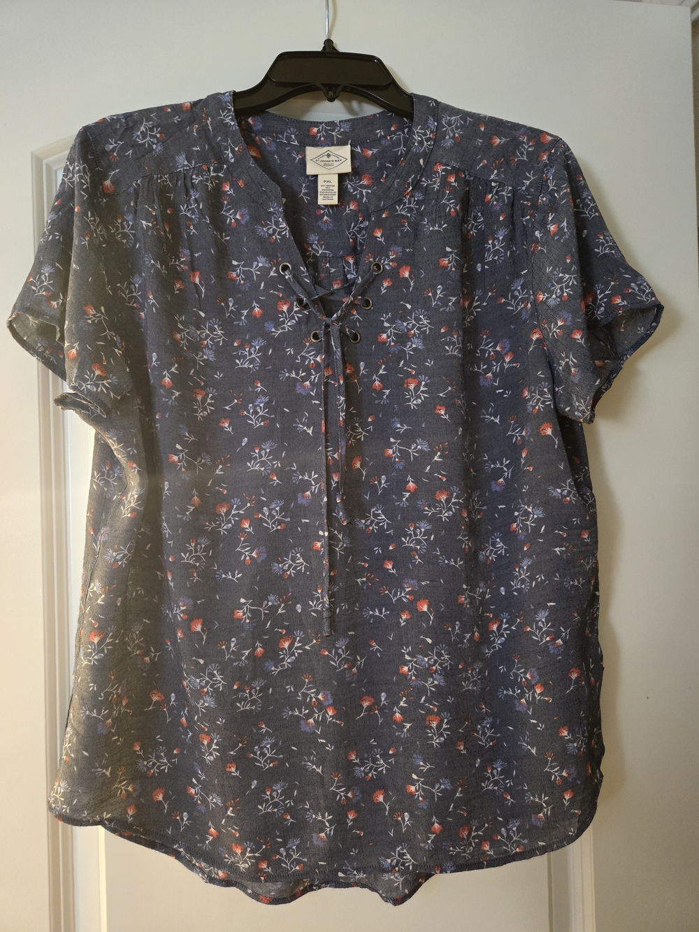 Coral Flowered Blue Lace-Up Short Sleeve Blouse